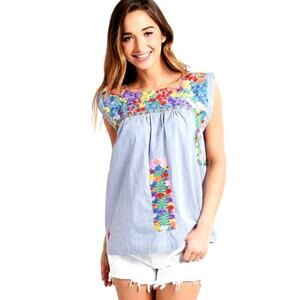 J MARIE Anna Maria Floral Embroidered Blue Stripe Tunic Top Medium Sleeveless